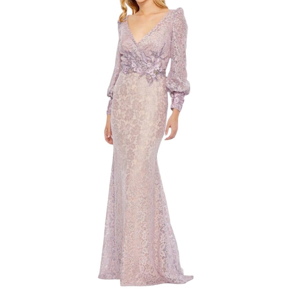Mac Duggal 79397 Vintage Lilac Lace Beaded Floral Appliqué Gown Size 14 $798